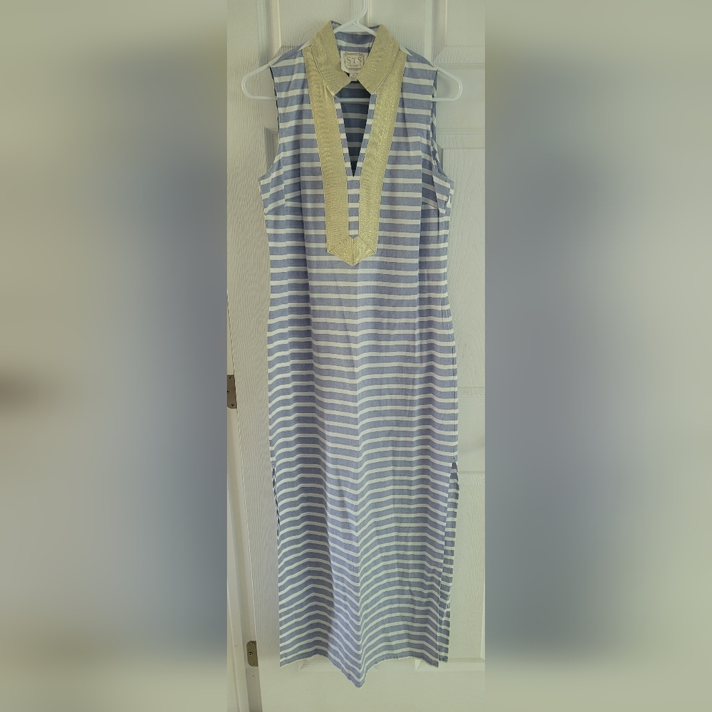 Sail to Sable Gold Trim Nautical Maxi Dress – Size M